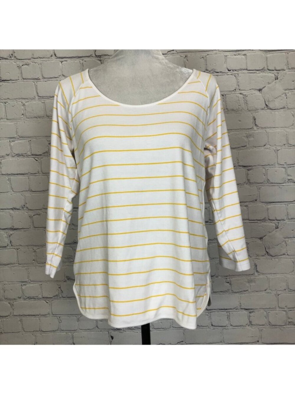 Lake Pima Cotton Pajama Top White Yellow Stripe 3/4 Sleeve Size M